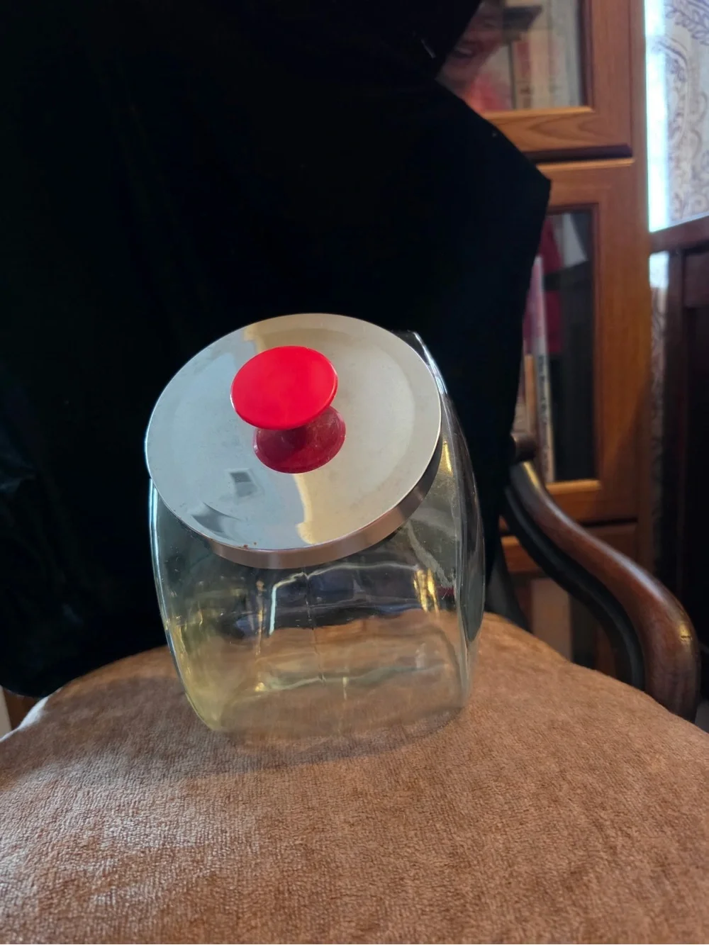 Clear Glass Canister with Silver Lid and Red Knob
